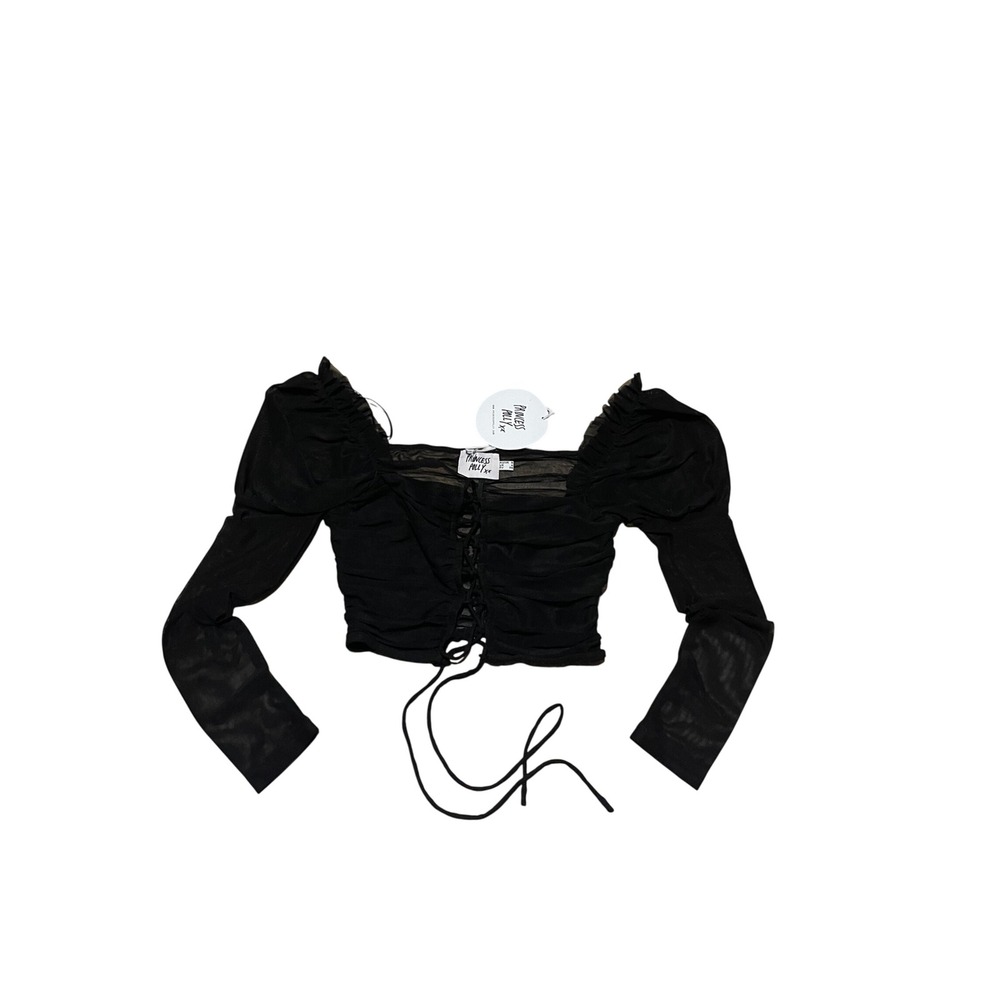 Princess Polly Nola Rain Top Black Mesh Ruched Lace Up Cropped Long Sleeve US 4